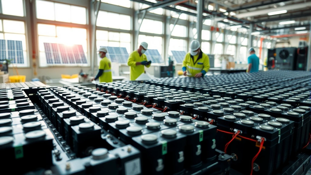 Close-up of lithium-ion battery pack components and recycling facility equipment, showing battery cells in various stages of processing, workers handling materials responsibly, sustainable manufacturing environment with renewable energy panels visible through windows