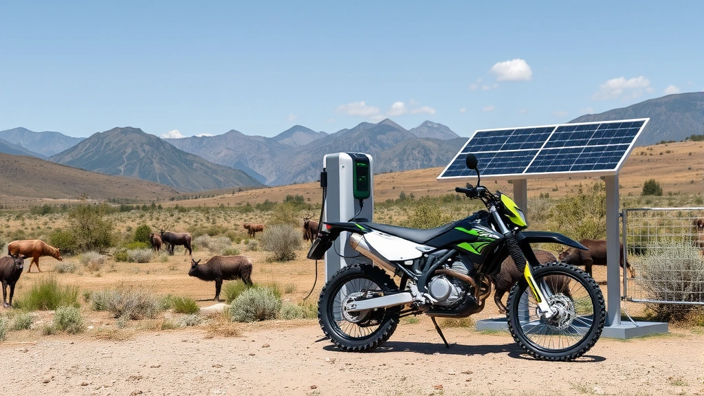 Electric dirt bike charging station powered by solar panels in outdoor recreational area, pristine natural landscape with mountains, clear air quality indicators, wildlife in background, demonstrating integration of sustainable technology with wilderness preservation