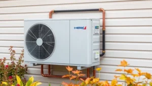 Modern electric heat pump installed on exterior home wall, showing copper refrigerant lines and weatherproof casing, with autumn garden backdrop