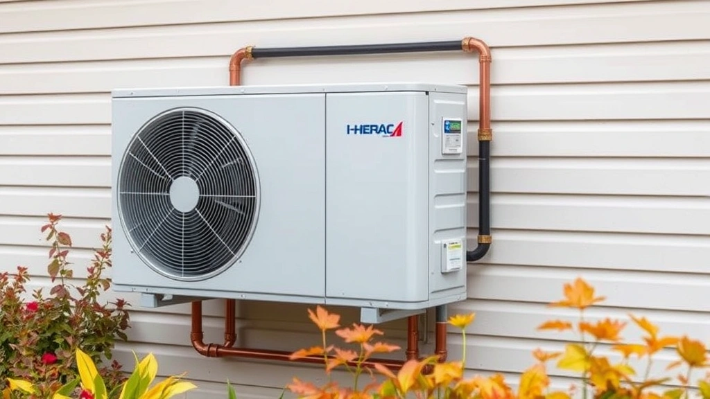 Modern electric heat pump installed on exterior home wall, showing copper refrigerant lines and weatherproof casing, with autumn garden backdrop