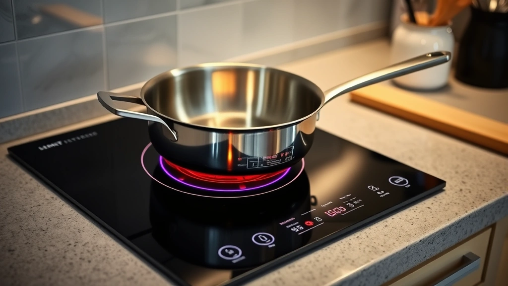 Electric induction cooktop with pan heating, showing temperature indicator glowing beneath cookware, kitchen counter environment with utensils nearby