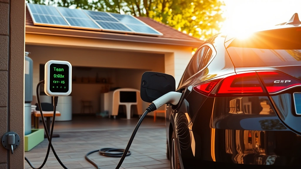 Electric vehicle charging at home with charging cable connected, garage setting with solar panels visible on roof, morning sunlight illuminating scene