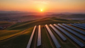 Aerial view of solar panel farm stretching across rolling hills at sunset, clean renewable energy infrastructure replacing fossil fuel systems, photorealistic environmental contrast