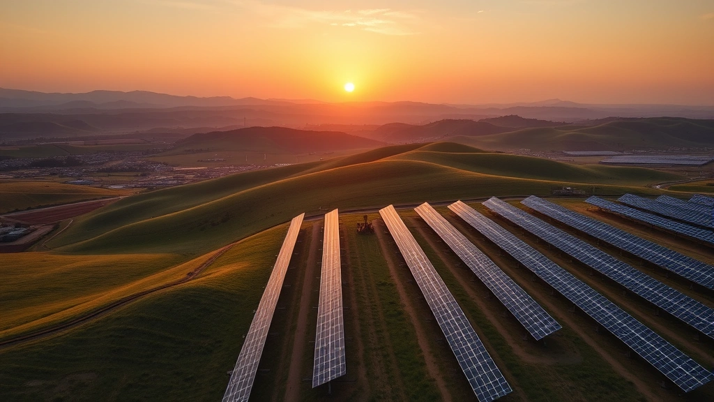 Aerial view of solar panel farm stretching across rolling hills at sunset, clean renewable energy infrastructure replacing fossil fuel systems, photorealistic environmental contrast