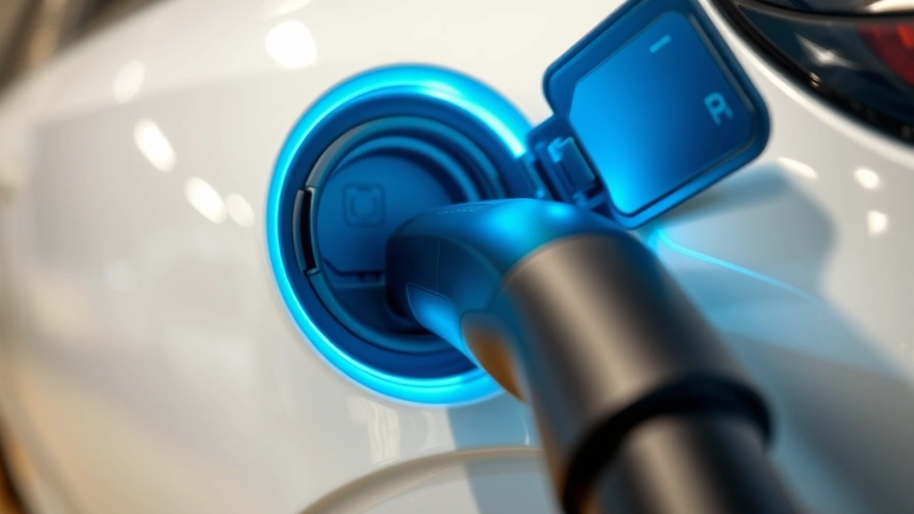 Close-up of electric vehicle charging port glowing with blue light at modern charging station, sleek sustainable transportation technology, no text visible