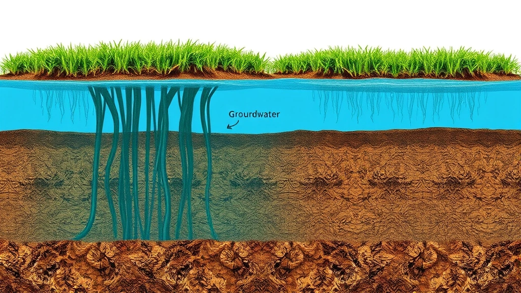 Cross-section diagram visualization of underground aquifer with green vegetation above and clean blue water below, emphasizing groundwater protection and environmental health