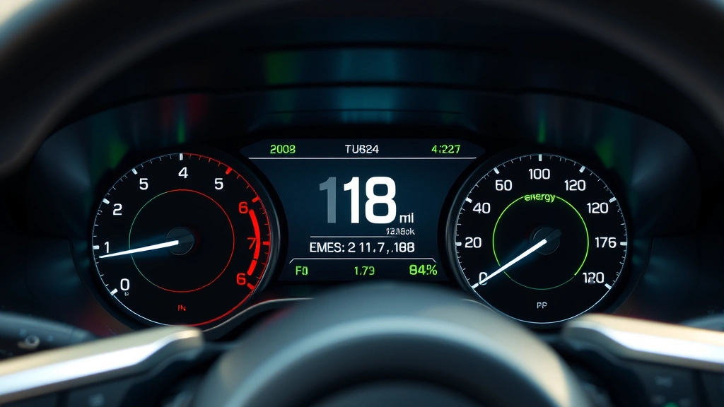Close-up of a modern car dashboard with digital fuel gauge display showing eco-driving metrics, green energy indicator lights, and efficiency statistics on the screen in a bright, contemporary vehicle interior