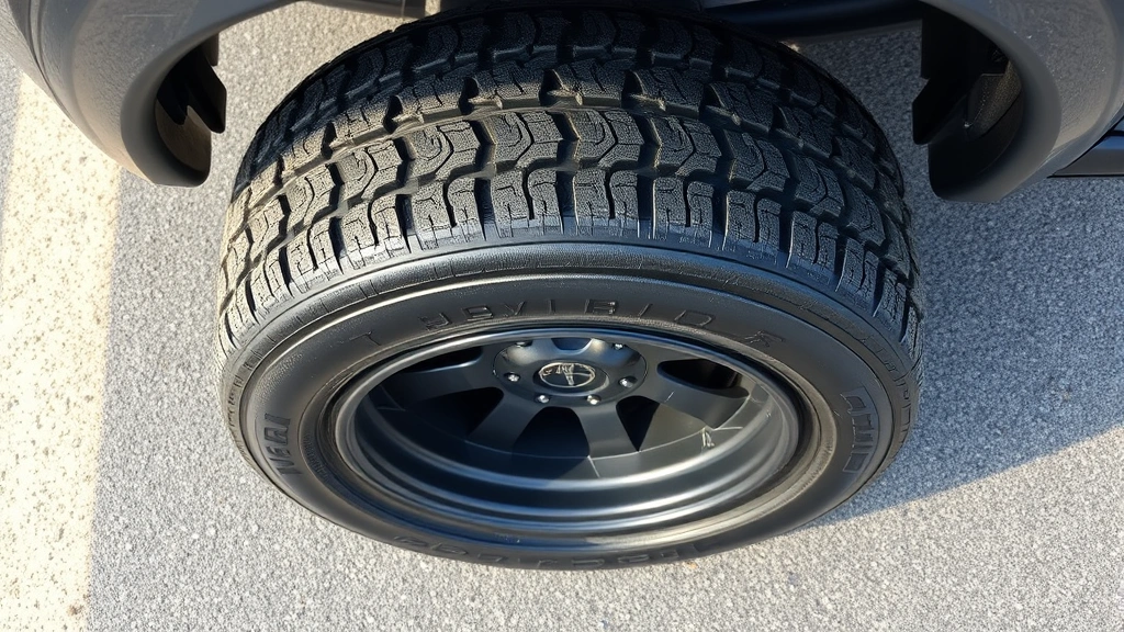 Aerial view of a well-maintained car tire with proper tread depth, clean rubber surface, and correct air pressure, photographed on a sustainable parking surface with natural lighting