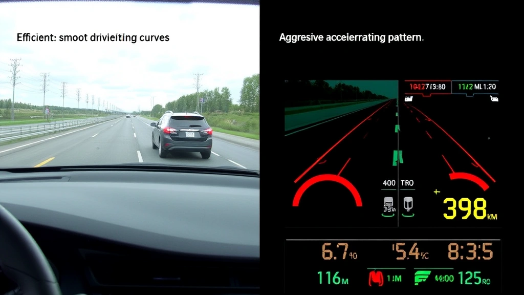 Split-screen comparison showing efficient smooth driving curves versus aggressive acceleration patterns on a vehicle telemetry display, illustrating fuel consumption differences in real-time monitoring system
