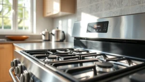 Modern stainless steel gas oven in contemporary kitchen with natural light streaming through windows, showing efficient burner design and clean cooking surface without visible text or labels