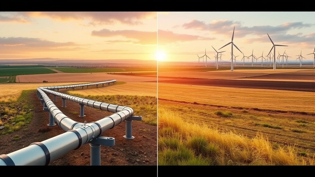 Comparison visualization showing natural gas pipeline infrastructure in rural landscape with renewable energy wind turbines in background, highlighting energy source diversity