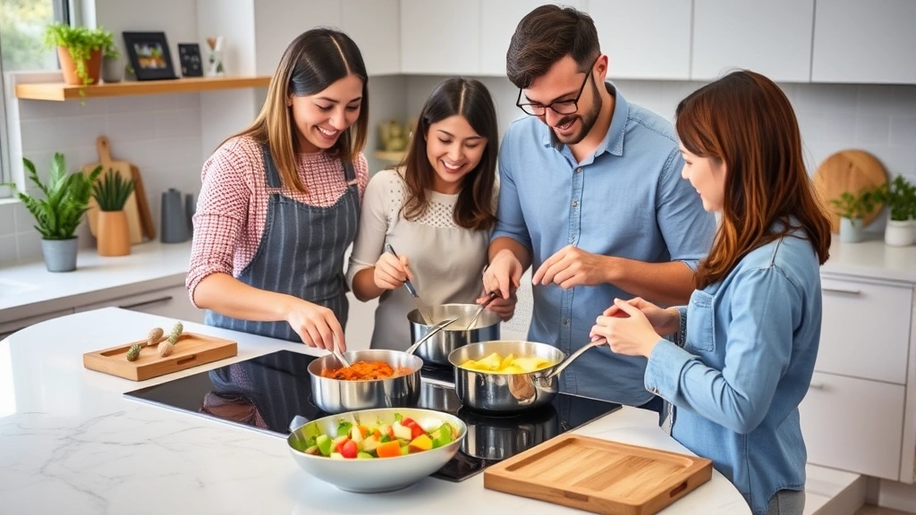Family preparing meal using induction cooktop with cookware, demonstrating efficient modern cooking technology in sustainable kitchen environment with minimal steam and heat loss