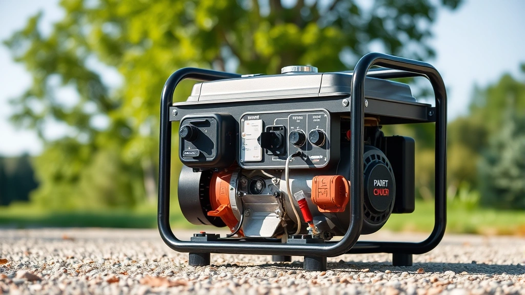 Portable gas generator operating outdoors on gravel surface during daytime, showing engine housing and electrical outlet panel, natural daylight with green trees blurred in background