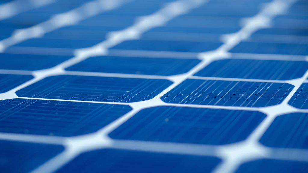 Close-up macro photography of individual solar photovoltaic cells showing crystalline silicon structure with blue coloring, shallow depth of field emphasizing cellular pattern detail