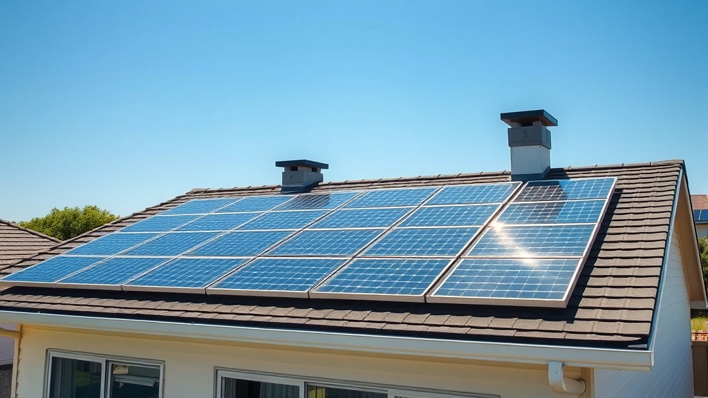 Modern residential rooftop solar panel array gleaming in sunlight with blue sky, clean renewable energy installation on suburban home