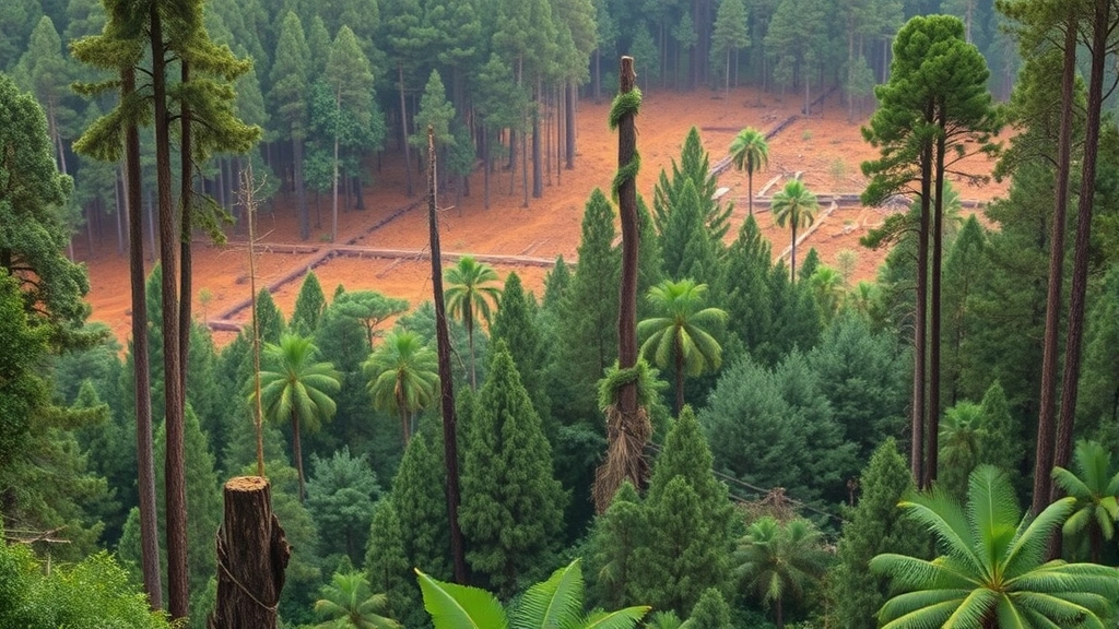 Dense forest clearing for oil extraction and gas fuel production, environmental impact of fossil fuel supply chains, natural habitat destruction