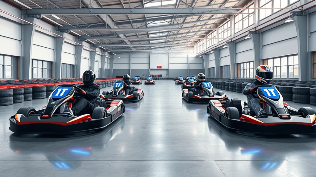 Modern electric go-kart racing at indoor facility with sleek battery-powered karts, LED lighting, and smooth concrete track, no text visible, photorealistic daylight interior