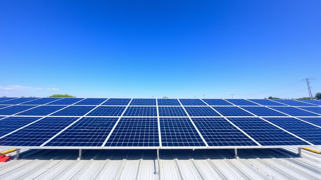 Solar panels installed on rooftop of go-kart facility with blue sky, clean energy infrastructure demonstration, wide-angle perspective showing sustainable facility operations