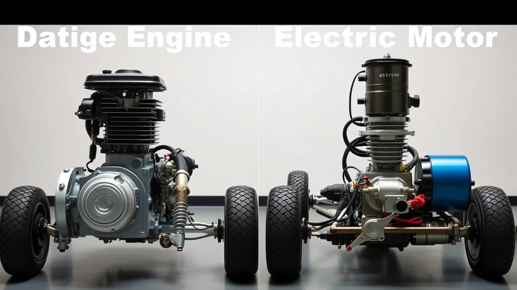 Side-by-side comparison of traditional gasoline engine and modern electric motor components for go-karts, educational display showing technology evolution, no labels or text