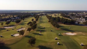 Aerial view of a sprawling golf course with dozens of gas-powered golf carts scattered across fairways and greens, showing the scale of equipment usage in recreational facilities, natural lighting with clear sky