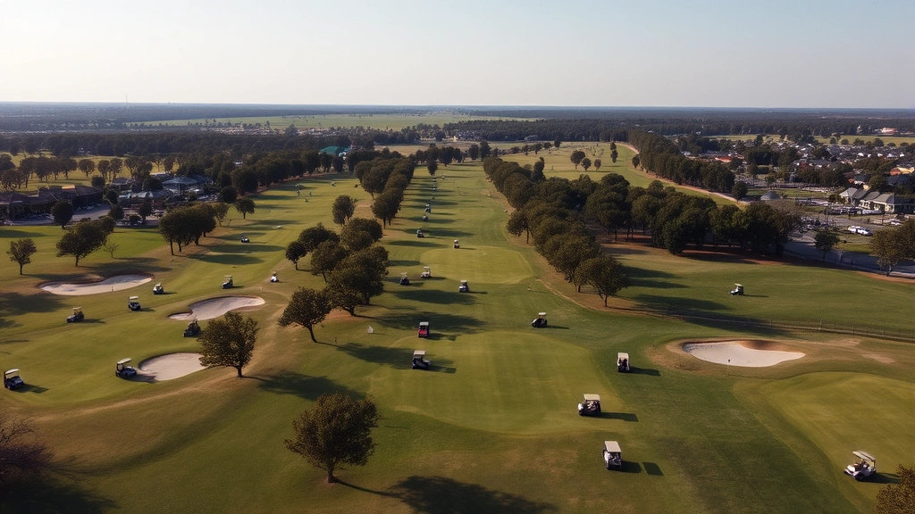 Aerial view of a sprawling golf course with dozens of gas-powered golf carts scattered across fairways and greens, showing the scale of equipment usage in recreational facilities, natural lighting with clear sky