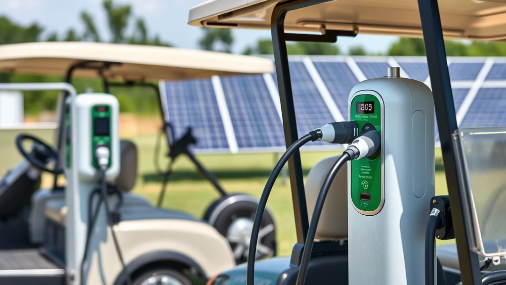 Close-up of electric golf cart charging station with multiple carts connected to charging equipment, solar panels visible in background, demonstrating sustainable charging infrastructure and renewable energy integration