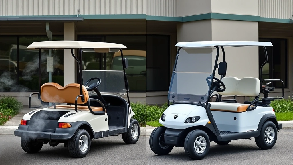 Side-by-side comparison scene showing a vintage gas golf cart with visible exhaust emissions next to a modern silent electric golf cart, both parked at a facility, highlighting the technological contrast in sustainability