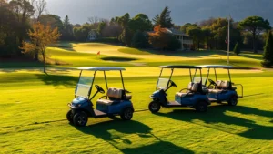 Scenic golf course with modern gas golf carts parked in a row on manicured green grass, morning sunlight, natural landscaping, no people visible