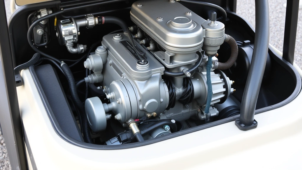 Close-up of golf cart engine compartment showing four-stroke combustion engine with clean mechanical components and fuel injectors, detailed technical view