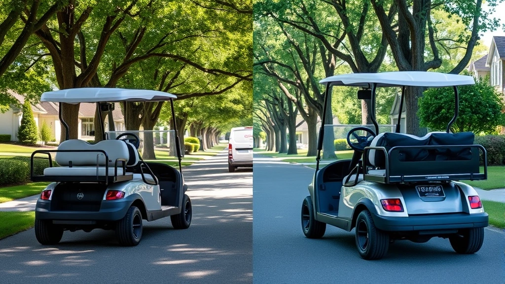 Side-by-side comparison scene with electric and gas golf carts on residential community path, tree-lined street, peaceful suburban setting, natural lighting