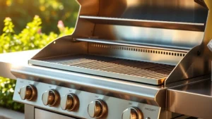 Professional stainless steel gas grill with integrated griddle cooking surface, morning sunlight reflecting off polished metal, lush green garden background, food-ready state