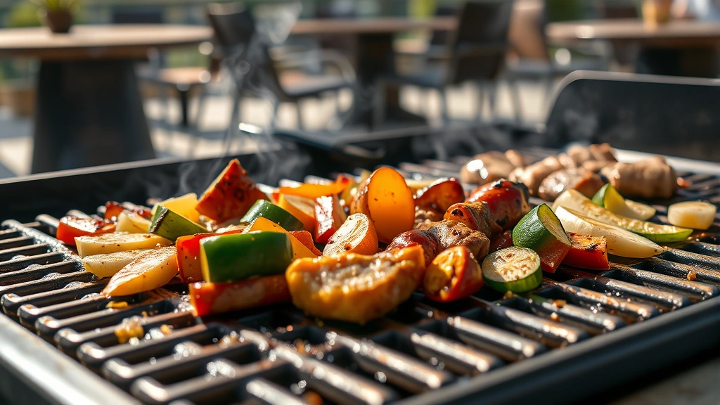 Close-up of sizzling food on griddle surface with grill grates visible, perfectly seared vegetables and proteins, steam rising, outdoor patio setting with natural daylight