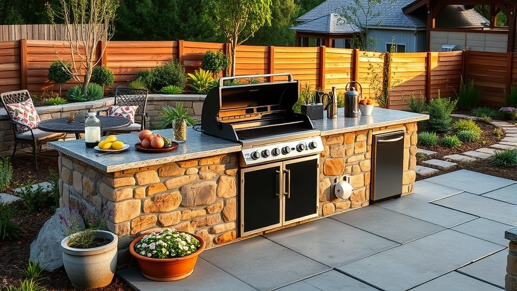 Family outdoor kitchen setup featuring gas grill and griddle combo on concrete pad, surrounding garden landscape, sustainable outdoor living space, warm afternoon lighting