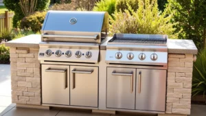 Professional stainless steel gas grill griddle combo in modern outdoor kitchen setting with natural landscaping, morning sunlight reflecting off polished surfaces, no visible text or labels