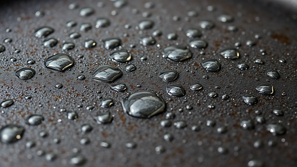 Close-up of cast iron griddle surface with water droplets beading on seasoned surface, showing heat distribution patterns, natural lighting emphasizing texture and quality