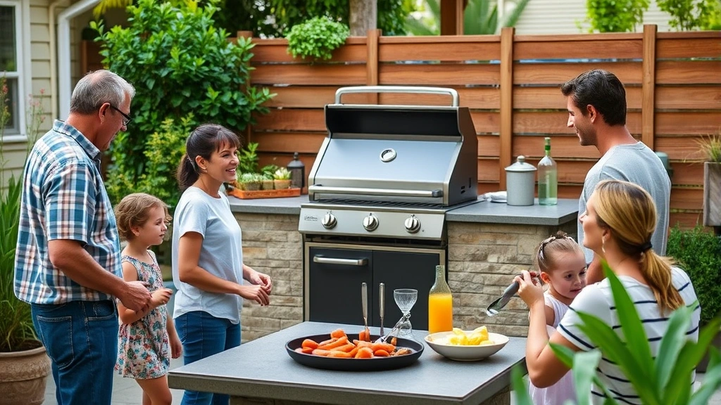 Family gathering around outdoor cooking station with grill griddle combo in background, showing practical use in residential backyard environment, green plants and sustainable outdoor space design
