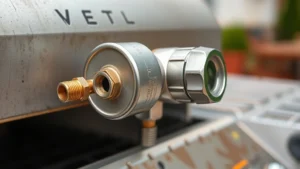 Close-up of a stainless steel gas grill regulator with brass fitting connections, showing the vent hole and pressure adjustment screw, mounted on weathered grill body with blurred garden background