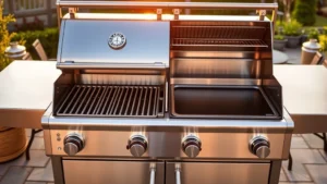 Professional stainless steel gas grill with integrated griddle surface, showing both grated grill section and flat griddle area side-by-side, outdoors on stone patio during golden hour lighting