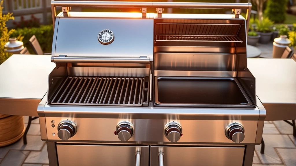 Professional stainless steel gas grill with integrated griddle surface, showing both grated grill section and flat griddle area side-by-side, outdoors on stone patio during golden hour lighting