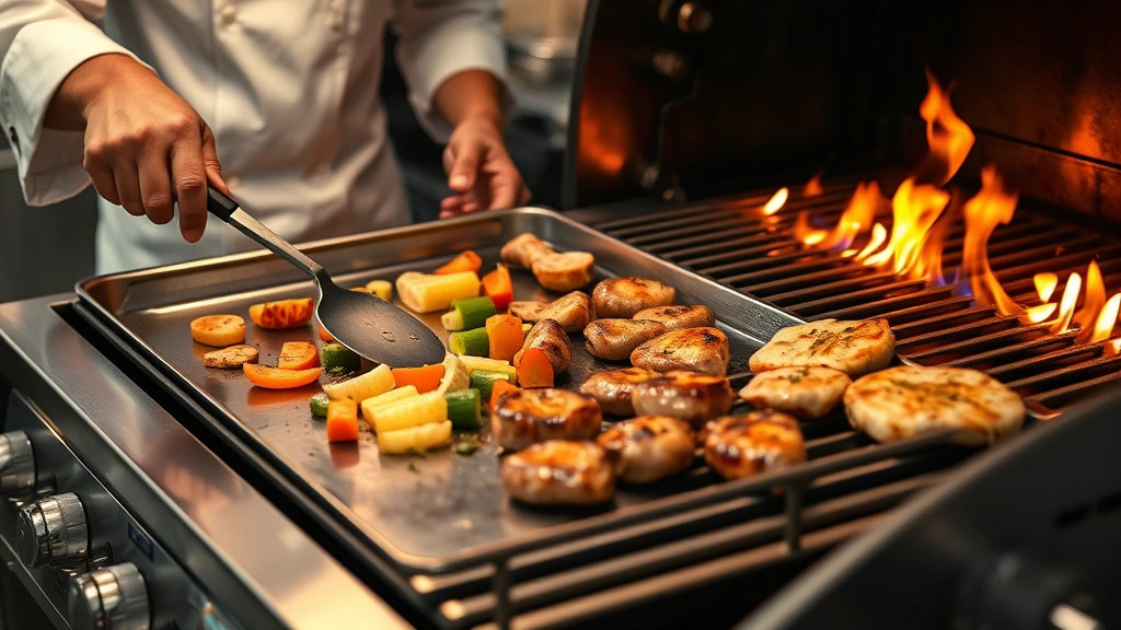 Chef using metal spatula on flat griddle surface cooking vegetables and proteins, with flames visible on grill side, demonstrating dual-zone cooking capability