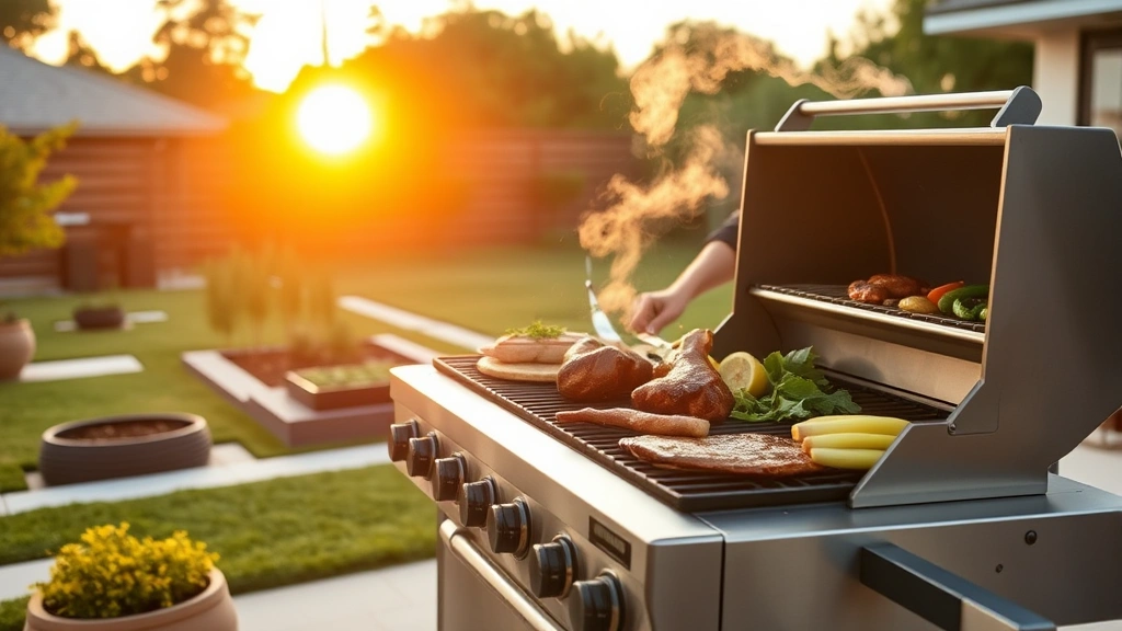 Professional chef grilling fresh vegetables and sustainably-raised meat on modern stainless steel gas grill at sunset in spacious backyard garden with herb planters visible, warm golden light, smoke wisping upward
