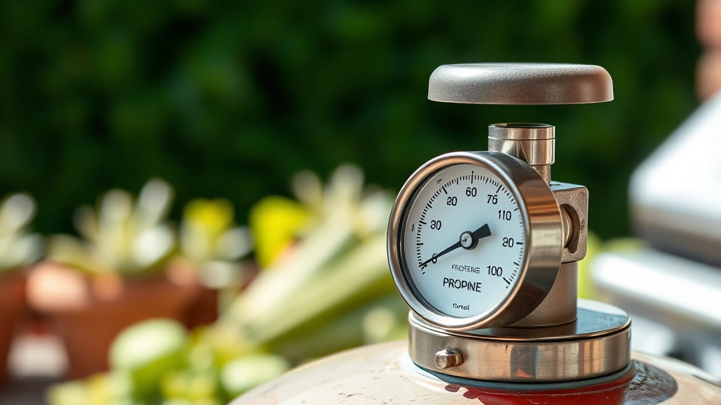 Detailed close-up of propane tank gauge showing pressure reading with blurred green garden background, professional outdoor kitchen setting with natural lighting