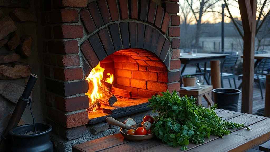 Rustic wood-fired brick oven or fireplace with glowing flames inside, fresh herbs and locally-sourced ingredients on wooden table nearby, natural outdoor setting with evening light