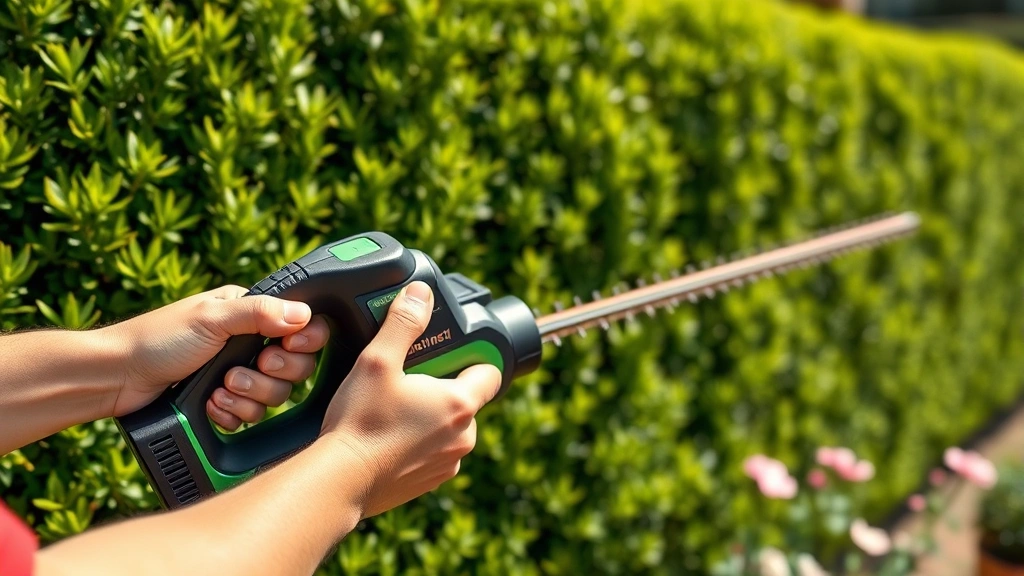 Hands holding battery-powered cordless hedge trimmer with fresh-cut green hedge in background, sunlit garden with blooming flowers, no visible text or labels, photorealistic