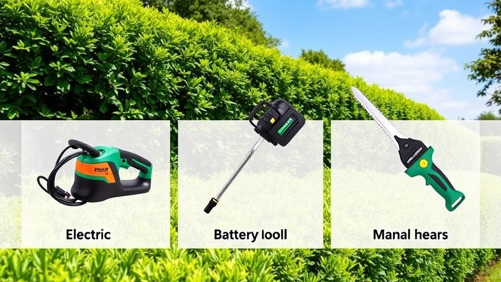 Three hedge trimmer types displayed in lush garden setting with green vegetation and clear sky, showing electric corded, battery-powered cordless, and manual shears tools side by side