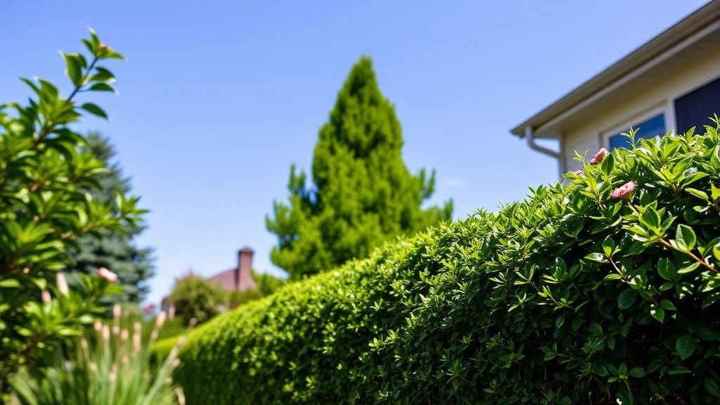 Peaceful residential garden with electric hedge trimmer in active use, vibrant green plants, blue sky, healthy flowering shrubs, clean operation with no visible emissions or smoke