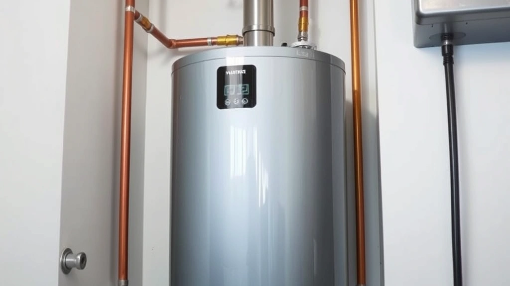 Modern residential gas water heater unit in a clean utility room, showing sleek metallic finish and digital display, surrounded by copper piping and professional installation details