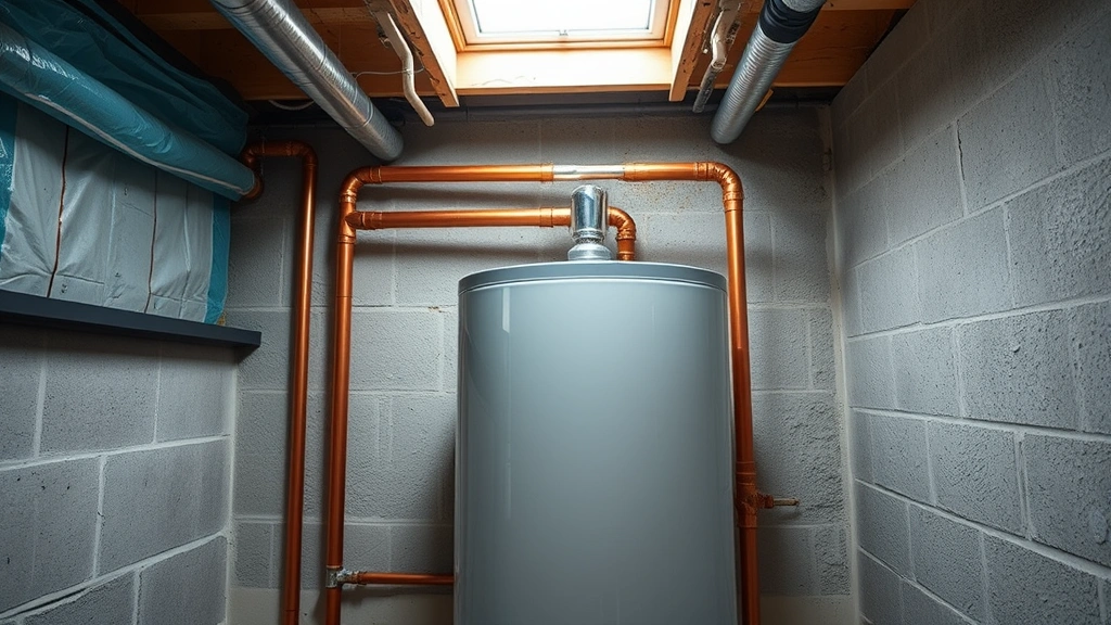 Modern residential gas water heater tank installed in a basement utility room with copper piping connections and blue insulation wrap, natural lighting from small window showing sustainable home infrastructure