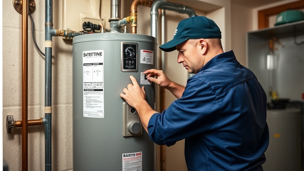 Technician performing maintenance on water heater system, checking components and flushing sediment, demonstrating proper care for longevity and optimal environmental performance of residential heating equipment