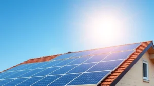 Residential rooftop completely covered with modern solar photovoltaic panels under bright sunlight, clean blue sky background, showing sustainable residential energy generation system for home powering